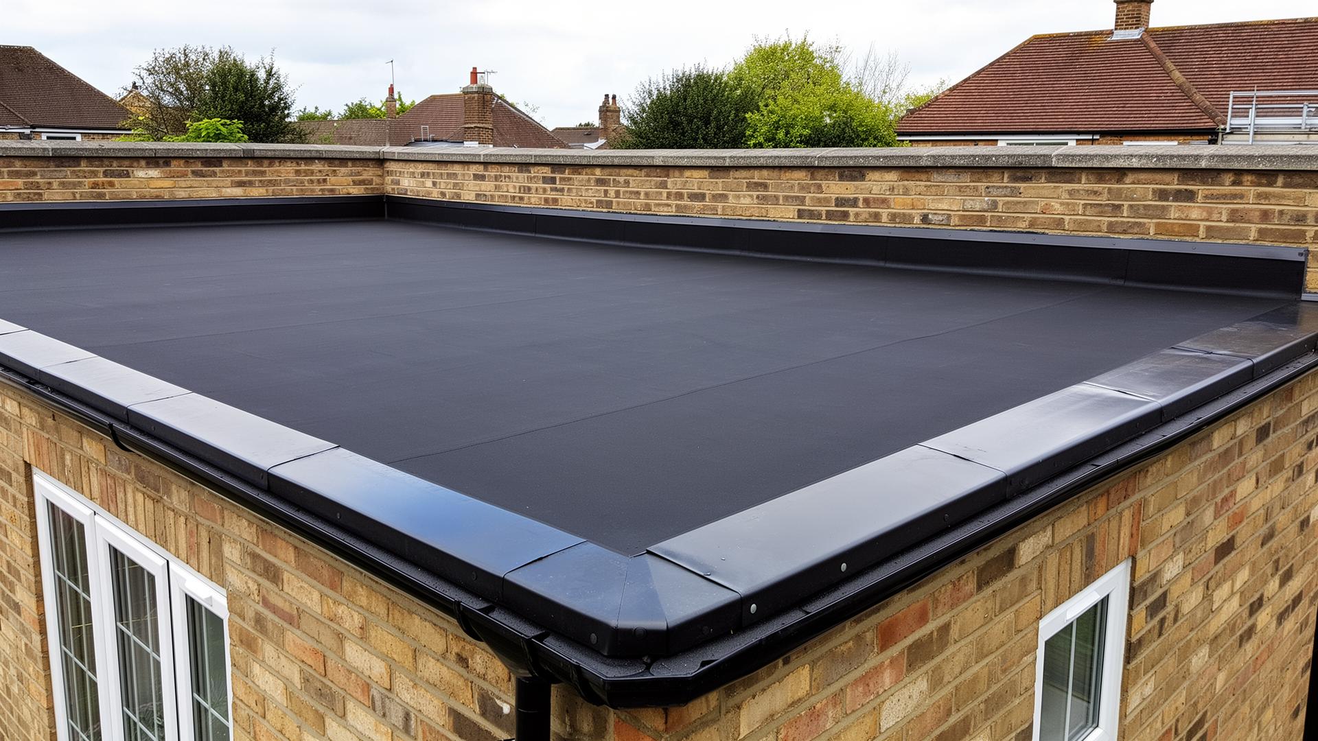 Newly installed EPDM rubber flat roof on a residential extension with neat edge trim