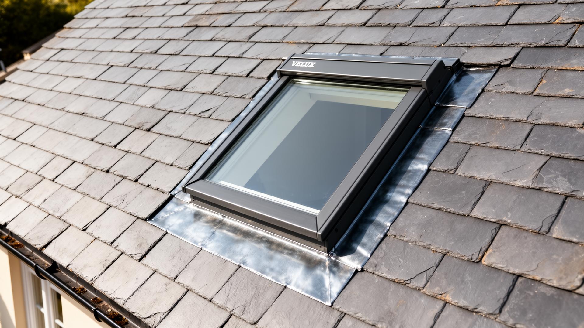 Velux roof window neatly set into a slate pitched roof with new lead flashing kit