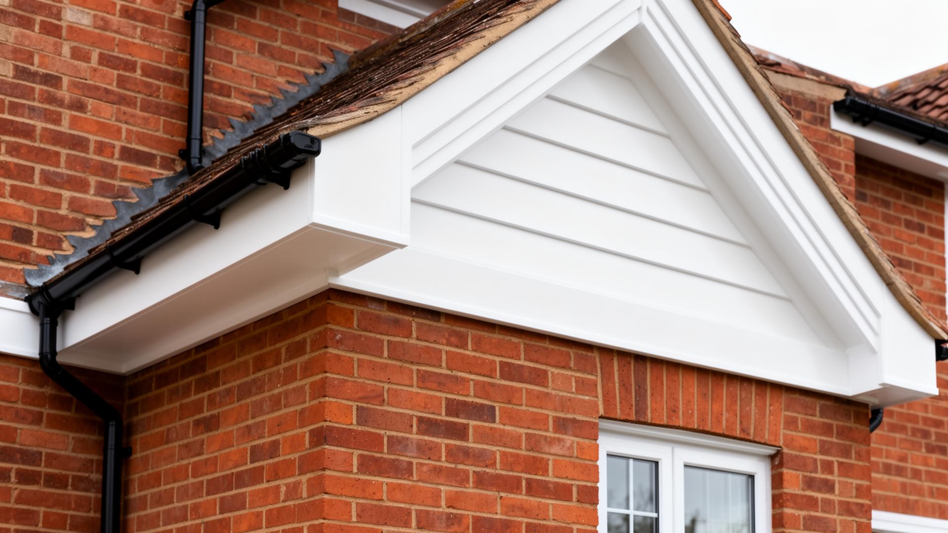 Crisp new white uPVC fascia, soffit and bargeboards along the gable of a brick home