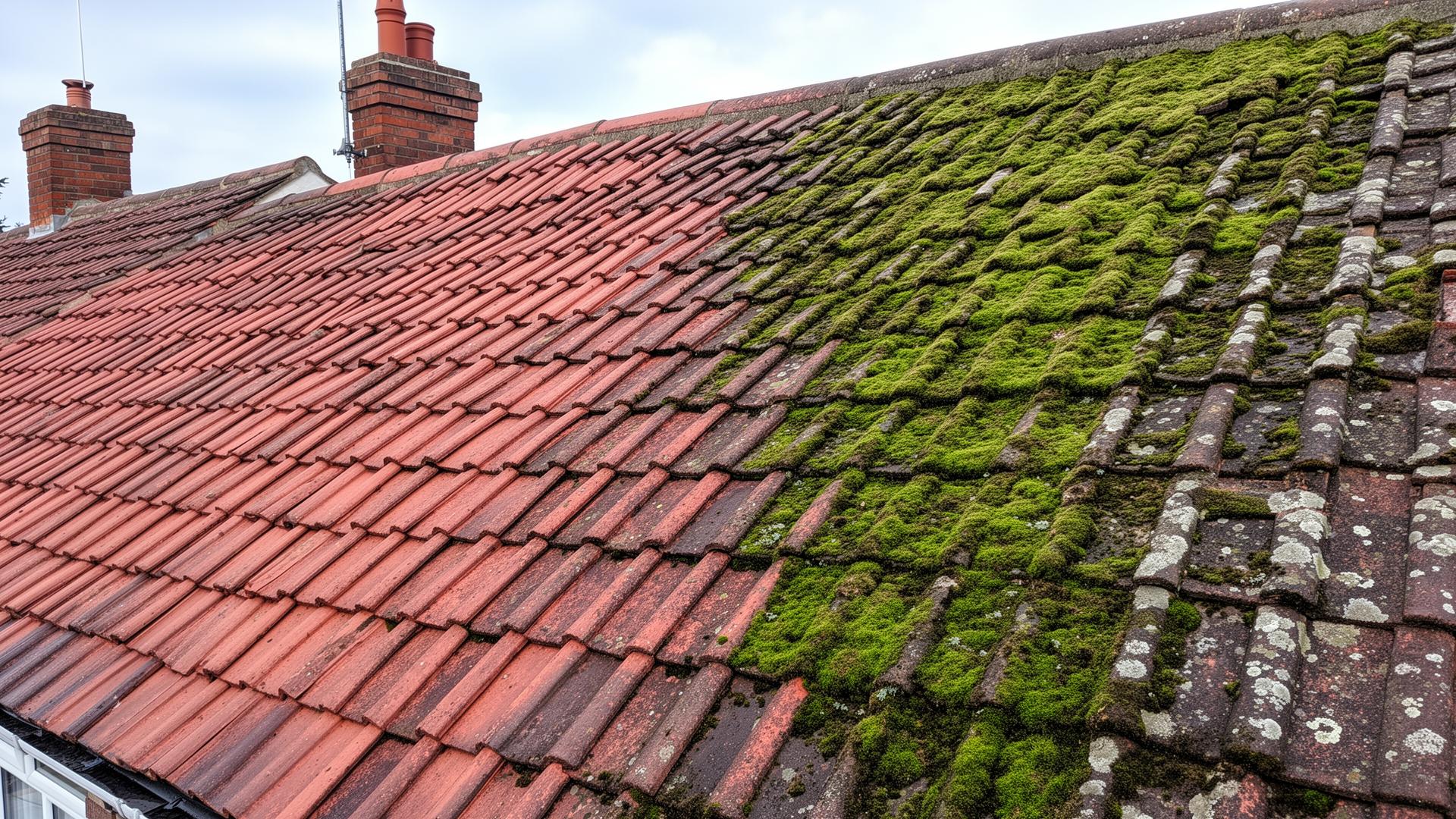 Pitched tile roof half cleaned of moss and lichen, half still covered — before-and-after roof cleaning