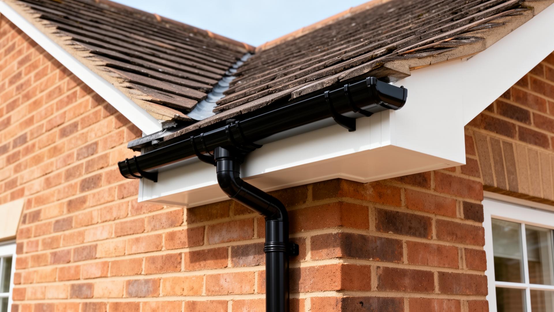 New black uPVC guttering and downpipe with white fascia and soffit on a brick residential home